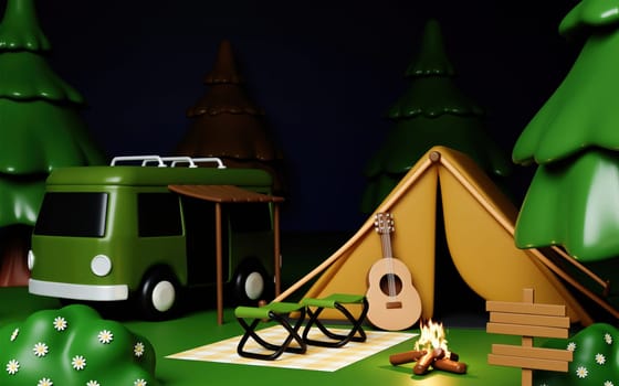 A vibrant 3D render showcasing a camping scene featuring a tent, guitar, and campfire, ideal for outdoor adventure themes.