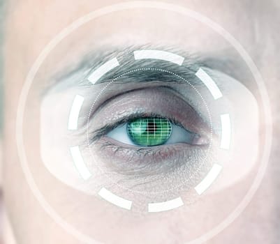 A close view of a human eye featuring advanced digital scanning technology for biometric identification. The eye displays a green grid pattern reflecting high-tech capabilities.