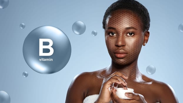 A model showcases her skincare routine by applying a cream to her face, highlighting the importance of vitamin B for healthy skin. The setting emphasizes beauty and radiance.