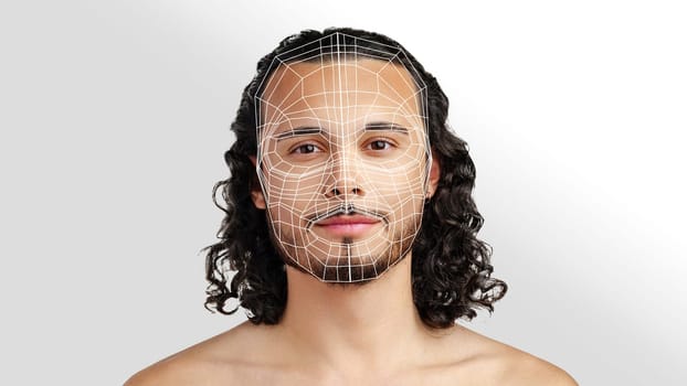 A male model displays a detailed 3D facial mapping. The visual highlights realistic skin textures and contours, emphasizing the intricate details of facial geometry.