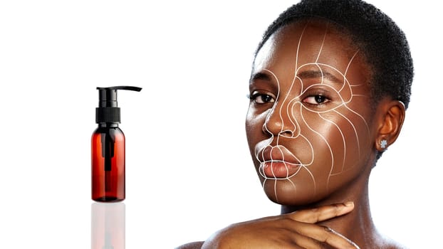 A woman showcases her skincare routine by gently applying a product to her face in a well-lit area. An elegant bottle rests nearby, emphasizing her beauty regimen.