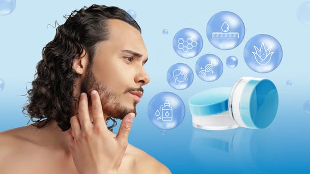 A man with curly hair is examining his skin while various skincare product icons float in the background. The blue tones emphasize the theme of skincare and hydration.