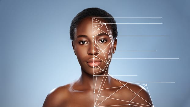 A model poses against a soft blue background, featuring a digital overlay that highlights her facial structure with connecting lines and points. The unique representation merges technology with art.