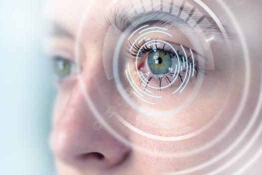 A person stares intently, showcasing detailed biometric patterns overlaying their eye. The futuristic design hints at advanced technology and digital innovation.