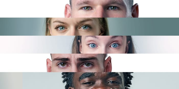 A close-up view of multiple individuals with a focus on their eyes and facial expressions, highlighting diversity in appearance. The background is simple, drawing attention to the subjects.