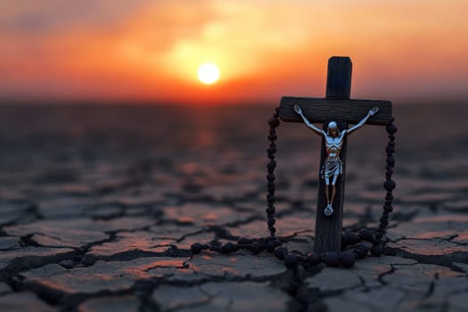 Silver Rosary and Wooden Cross on Cracked Desert Earth at Sunset..