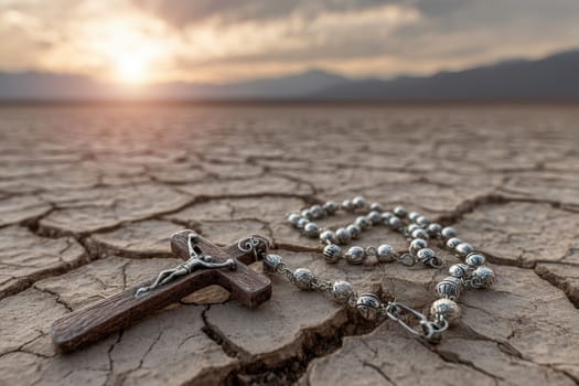 Silver Rosary and Wooden Cross on Cracked Desert Earth at Sunset..
