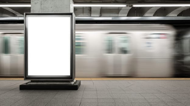 Empty advertisement display in NYC subway station. Fast moving train visible in background. Modern marketing media template. Mock up poster. Vertical design. Realistic 3D render. Ideal for urban..