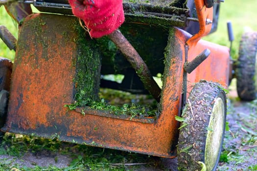 a handle electric or gasoline machine for cutting the grass on a lawn