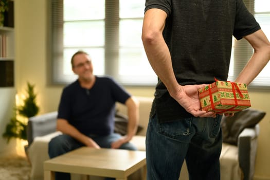 Adult son preparing surprise gift for his father, hiding a present behind his back. Fathers day concept.