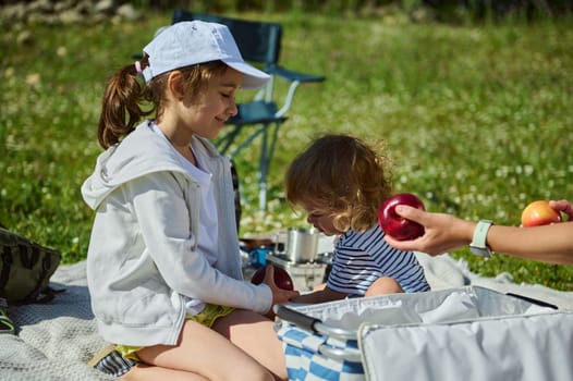 A cheerful family shares a picnic on a vibrant summer day in the mountains, fostering connections and creating joyful memories enhanced by the beauty of nature and outdoor experiences.