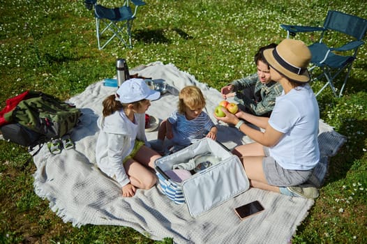 A mother and her children enjoy a sunny outdoor picnic, bonding and sharing healthy treats amidst beautiful mountain scenery, highlighting the importance of togetherness and nature.