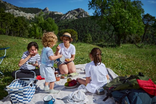A family gathers on a blanket amidst beautiful mountain nature, enjoying a sunny day with food and joyful interaction, symbolizing togetherness, relaxation, and the beauty of outdoor recreation.