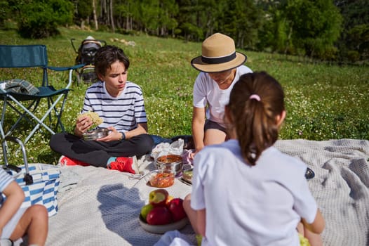 A family enjoys a picnic with delicious food on a sunny day, surrounded by picturesque mountain scenery and nature.