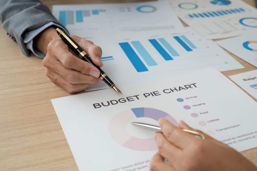 Business professionals analyzing budget pie chart and financial data to make informed decisions. Focus on financial planning.