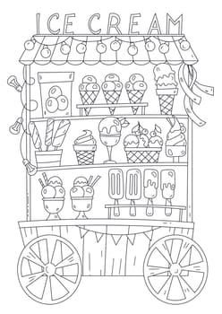 Stress Relief Coloring Book For Adults And Kids And Ice Cream Cart Shop On Wheels