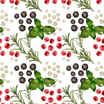 Peppercorns watercolor seamless pattern. Hand drawn dried black, white and pink pepper with rosemary. Clip art on a white background of hot spices. Ideal for cookbooks, menus and organic product packaging. High quality photo