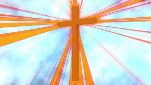 Christian cross in the sky and sunbeams. Computer generated 3d render