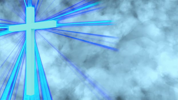 Christian cross in the sky and sunbeams. Computer generated 3d render