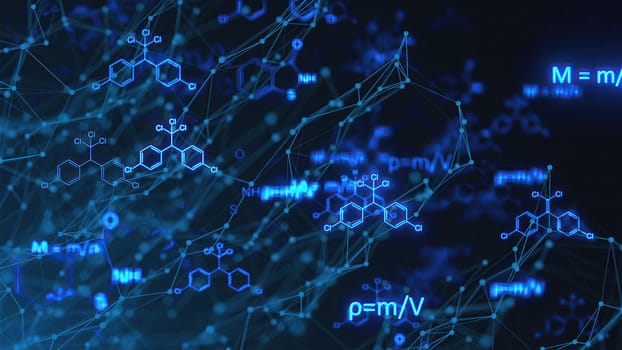 Chemistry Formulas with connection dots. Computer generated 3d render