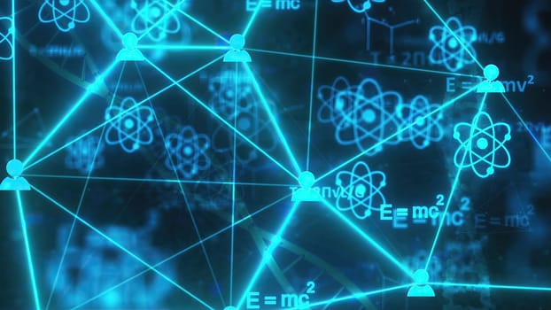 Physics formulas with connection icons. Computer generated 3d render