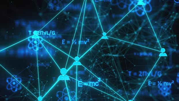Physics formulas with connection icons. Computer generated 3d render