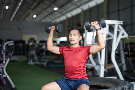 A dedicated man performs an overhead dumbbell press in a gym, emphasizing strength and wellness through physical fitness.