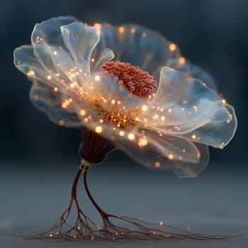 Abstract 3D illustration of a luminous sci-fi flower with translucent petals, glowing filaments, and intricate digital roots on a dark background.