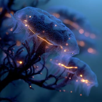 Close-up of translucent jellyfish with glowing orange and blue bioluminescent patterns drifting in a deep underwater environment.