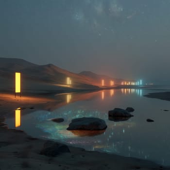 Series of glowing vertical panels illuminate a tranquil desert lake under a starry sky, casting colorful reflections on the water in a surreal nighttime scene.