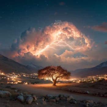Glowing lone tree under a dramatic lightning-filled cloud at twilight, with distant village lights and mountain silhouettes in the background.