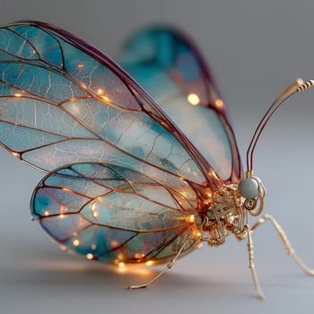 Close-up of a mechanical butterfly with delicate glowing cyan wings, intricate gold wiring, and a soft gray background in a futuristic fantasy style.