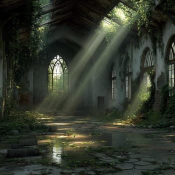 Interior of a ruined church with arched windows and overgrown vegetation, as sunlight streams through holes in the roof onto a mossy, flooded floor.