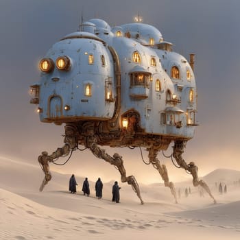 Sci-fi scene of a multi-legged robotic house walking through a desert landscape, with robed figures approaching under a soft, atmospheric sky.