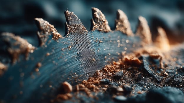 Macro shot of a saw blade with visible teeth and wood shavings scattered across the surface, highlighting the fine details of the cutting edge and debris.