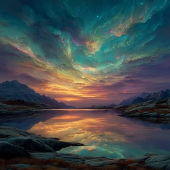 Dramatic, colorful sunset with glowing clouds and vivid sky mirrored in a calm alpine lake surrounded by rocky mountains and serene landscape.