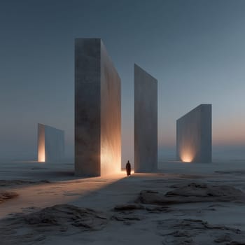 A lone person stands before tall illuminated monoliths in a surreal desert landscape at dusk, casting long shadows across the cracked earth under a calm sky.