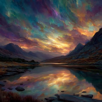 Dreamlike landscape with vivid multicolored clouds reflected in a calm mountain lake, surrounded by rocky hills and grassy terrain at twilight.