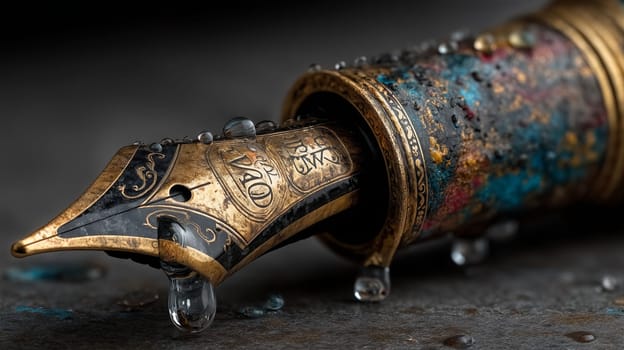 Detailed close-up shot of an antique fountain pen with intricate gold engravings and ink droplets, showcasing its vintage design and craftsmanship.