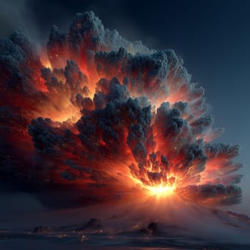 Massive volcanic eruption sends a glowing ash cloud into the sky, with bursts of fire and smoke illuminating the dark terrain in a surreal and dramatic scene.