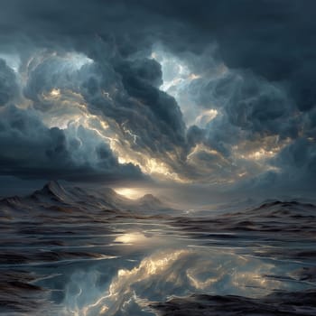 Dark storm clouds swirl above a desert lake at sunset, with dramatic lightning and vivid reflections in the still water creating a surreal, atmospheric landscape.