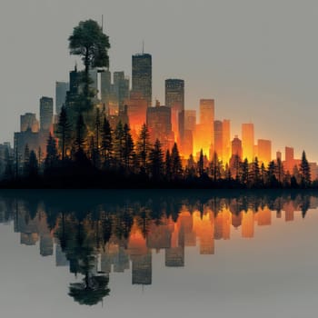 Imaginative city skyline rising from a dense forest with glowing skyscrapers, silhouetted trees, and perfect reflections in calm water at sunset.