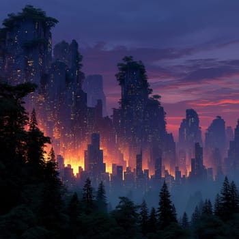 Tall futuristic skyscrapers covered in trees rise from a forest, glowing with lights at sunset in a surreal sci-fi landscape.