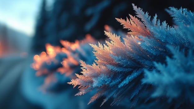 Close-up of a frost-covered pine branch illuminated by soft orange sunrise light, with snowy forest and bokeh in the background.