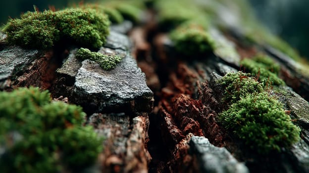 Close-up macro shot of vibrant green moss growing between rugged cracks of aged tree bark, highlighting forest texture and natural decomposition.