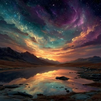 Fantasy landscape of a colorful cosmic sky and stars mirrored in a calm mountain lake at sunset, with rocky shoreline and distant peaks.
