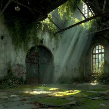 Sunlight shines through the broken roof of an old warehouse, illuminating moss-covered floor, ivy-covered walls, and a large weathered green door.