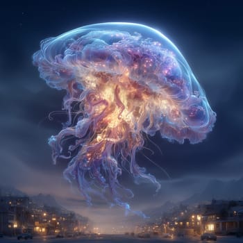 A glowing, translucent jellyfish drifts above a peaceful town at night, radiating soft bioluminescent light over the streets and mountains.
