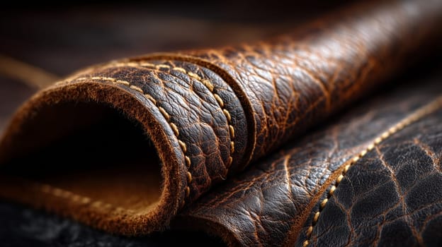 Macro shot of premium leather rolled up, showcasing detailed stitching and a rich, aged texture with visible creases and a luxurious finish.