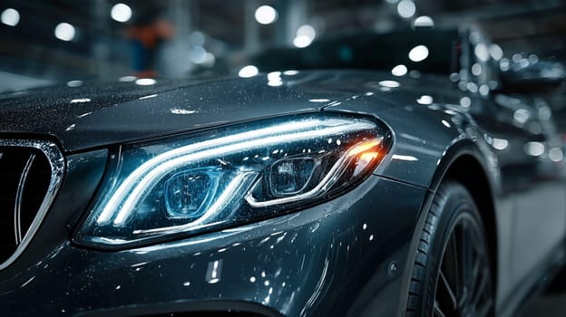 Detailed close-up of a modern luxury car's LED headlight covered in raindrops, captured in a dimly lit parking garage with bokeh reflections.